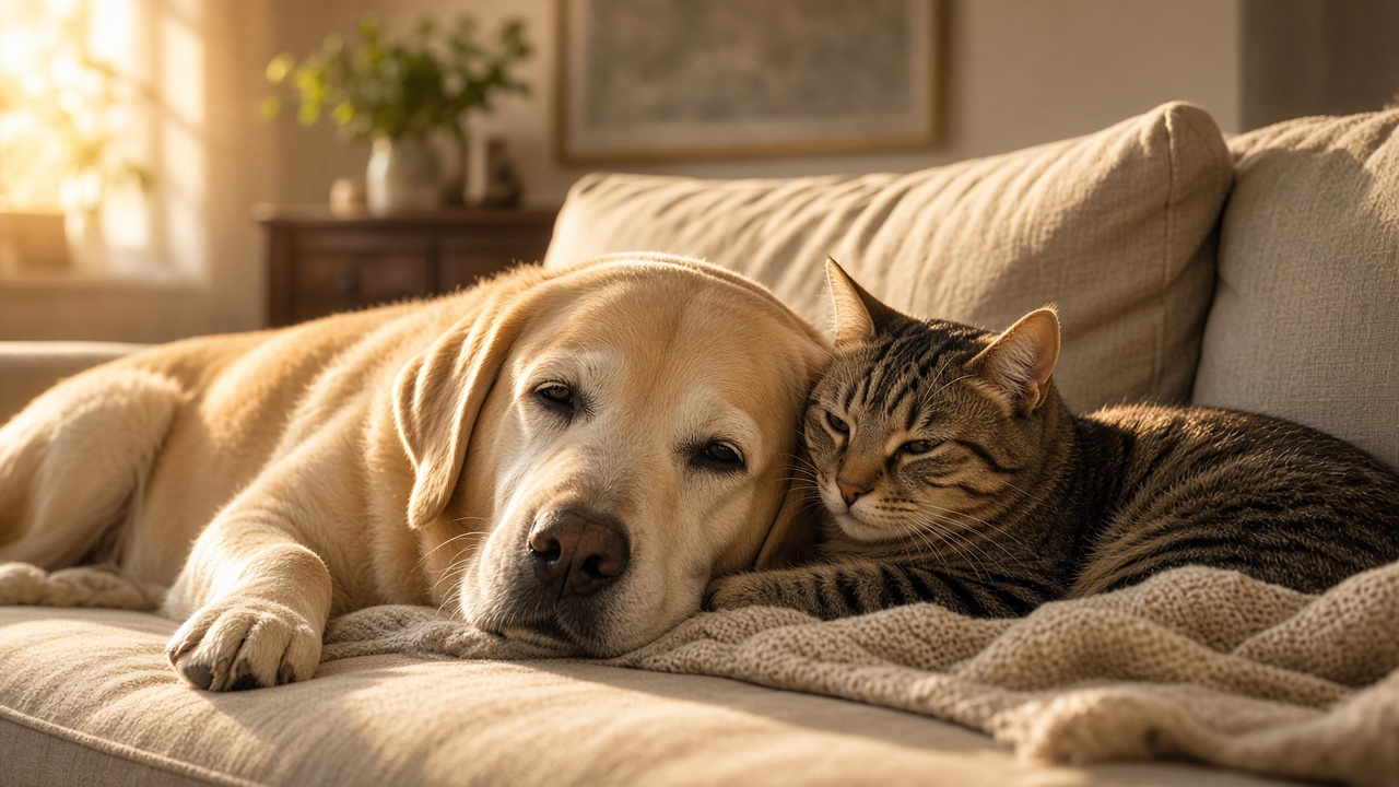 Cão idoso e gato descansando juntos em um sofá iluminado pelo sol