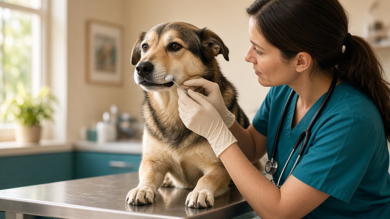 Cão em avaliação odontológica veterinária na clínica